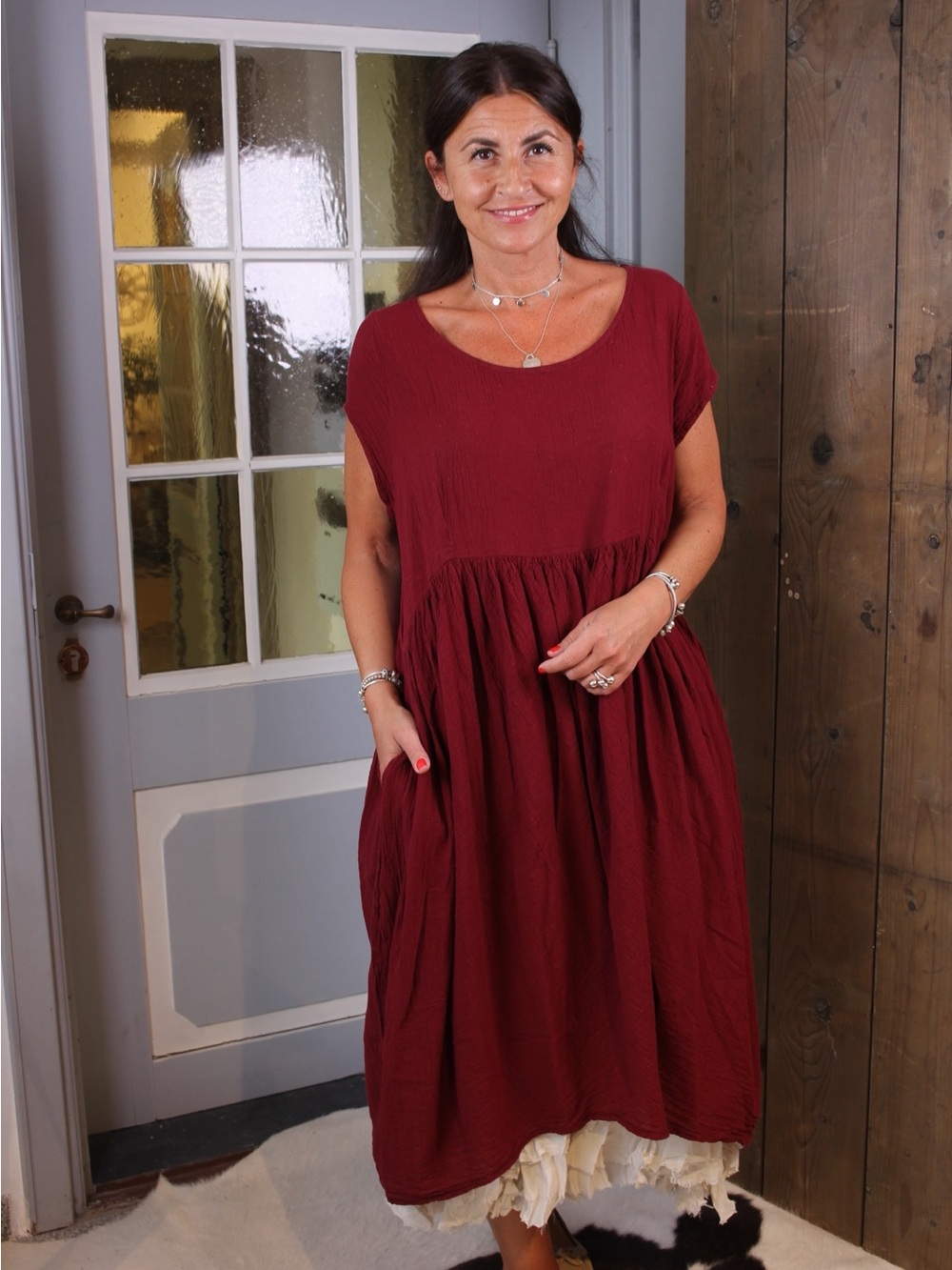 PRIVATSACHEN German Slow Fashion 100% Organic Cotton Crinkle Dress Maroon Size 2